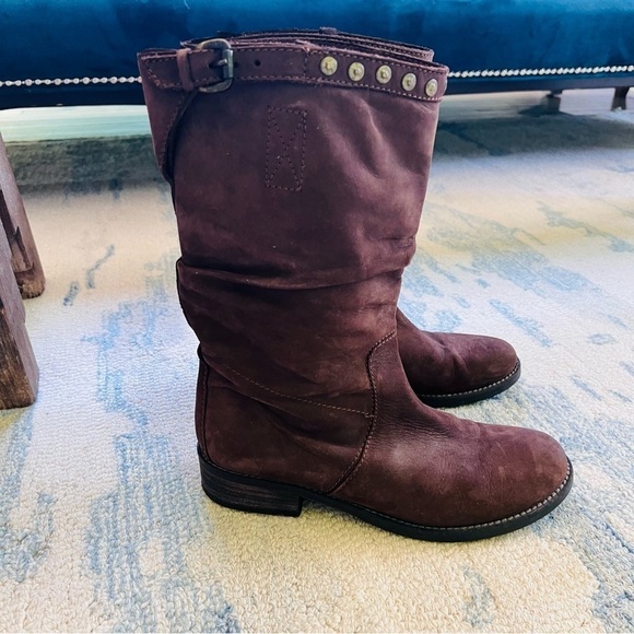 LEATHER SLOUCHY PULL ON STUDDED MOTO BOOTS SIZE 8.5 BROWN - Picture 1 of 10
